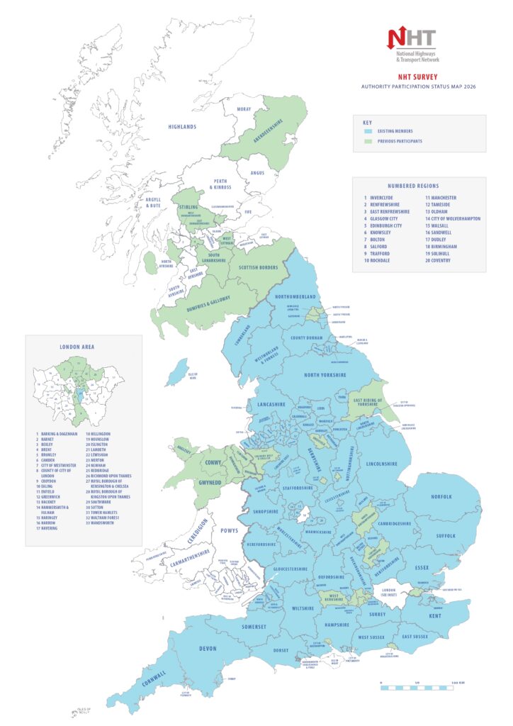 Color-coded map of England showing numbered regions (blue and green) with a legend and region list to the right, plus a scale at bottom.